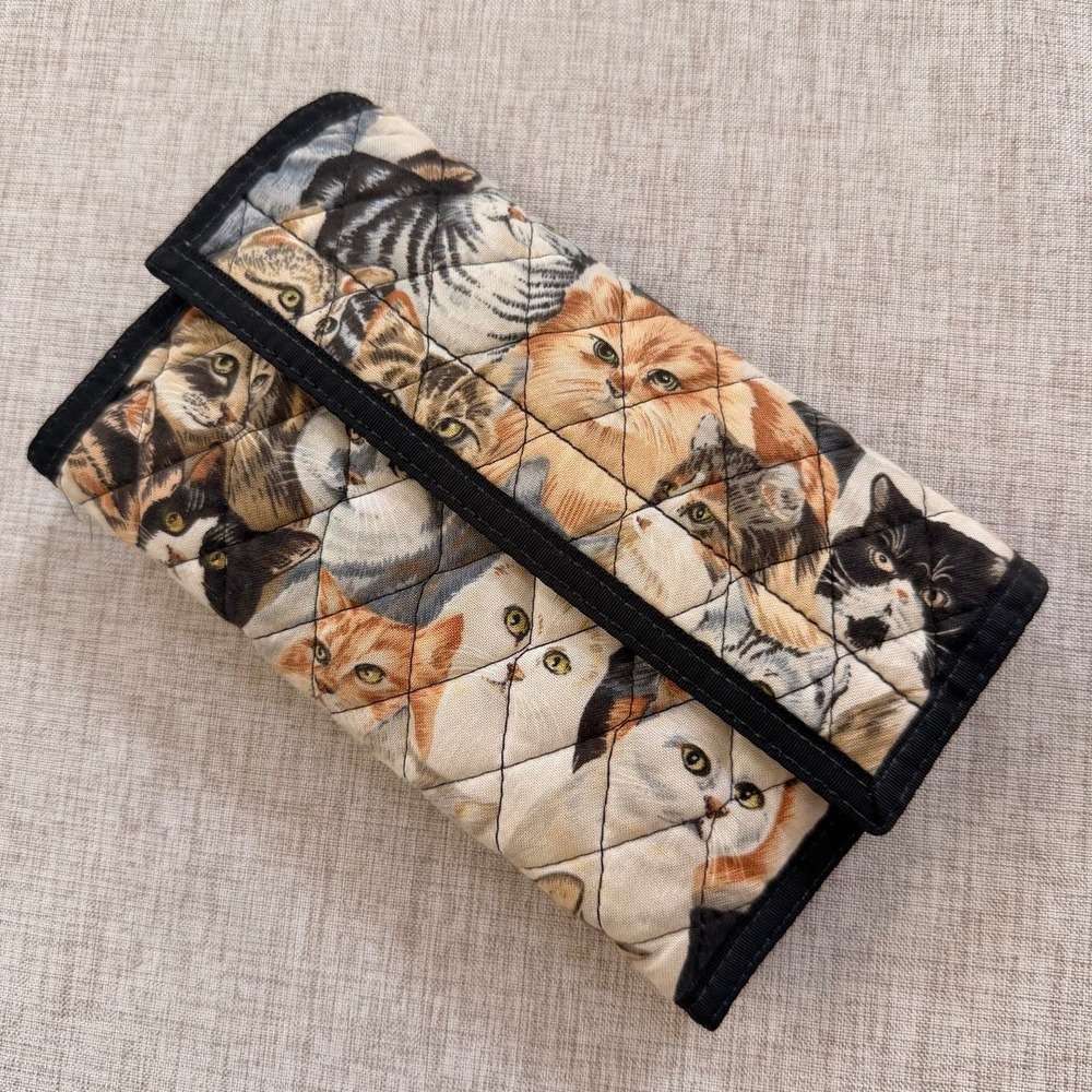 Vintage Cat quilted novelty wallet organizer pen holder multiple pouch pockets